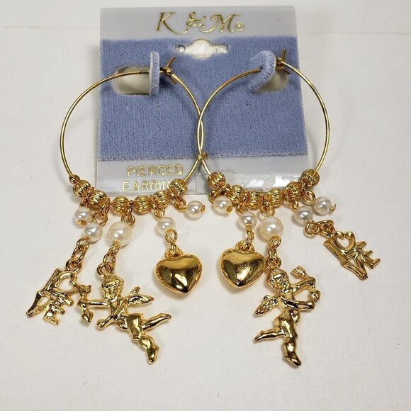 Women's Polished Gold tone Beaded Hoop Design Drop Earrings - Dangling Charms - Picture 1 of 5